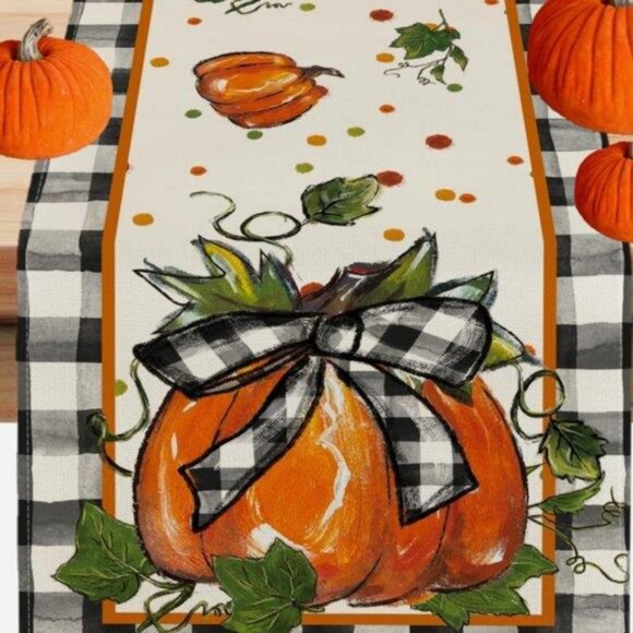 Pumpkin Table Runner Long Plaid Decorative Cloth Fall Thanksgiving Decor 13x90 - Picture 1 of 8